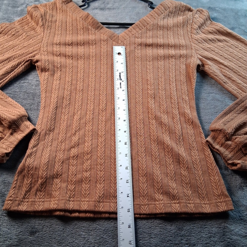 NWT Cupshe Knit Top Womens Small Brown V-Neck Balloon Sleeve Chevron Textured - Picture 8 of 8